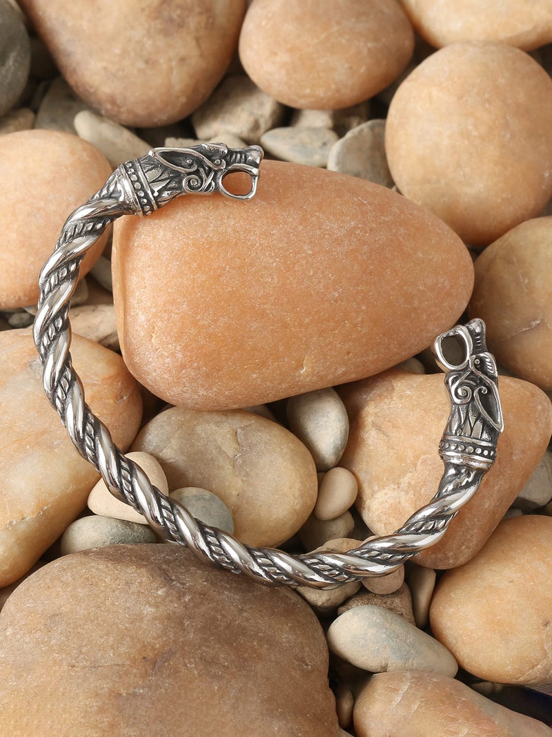 HAQUIL Silver Plated Stainless Steel Viking Arm Ring Geki and Freki Wolf Head Cuff Bracelet for Men, Viking Jewelry Gift (AD) - Image 5